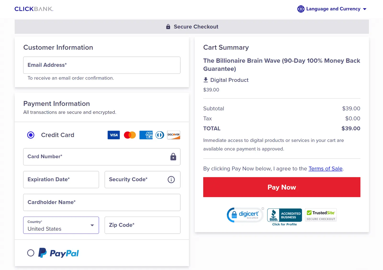 ClickBank secure checkout page for Billionaire Brain Wave